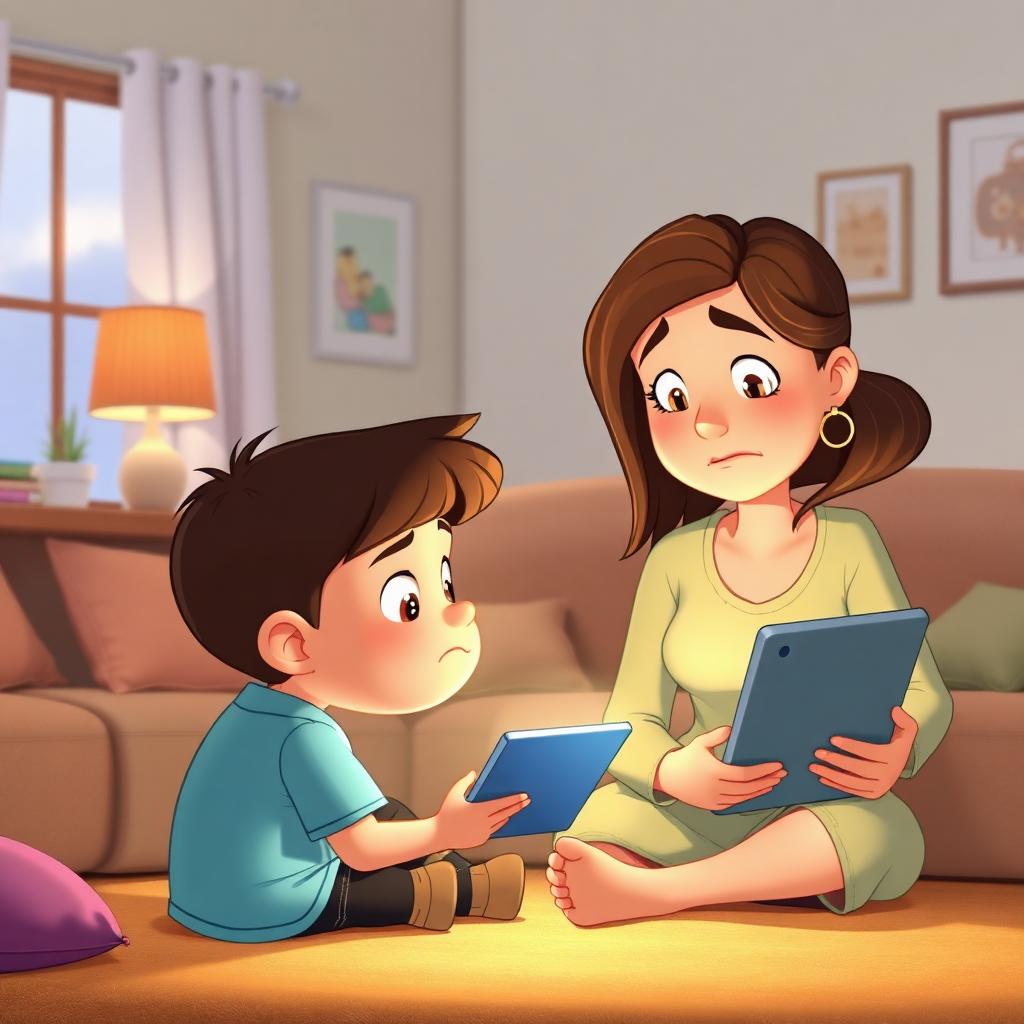 Mãe cansada e filho no tablet